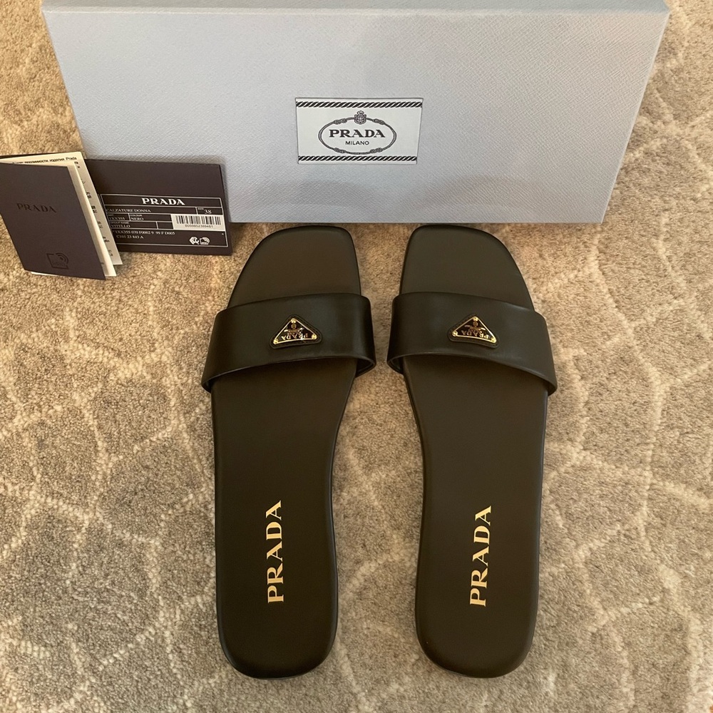 Prada Triangle Logo Slide Sandals Black Gold Women’s EU 38/US 8